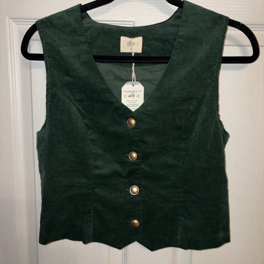 NWT Linen Vibes XS Green Velveteen Cotton Vest Gold Buttons Holiday Oktoberfest